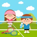 Children tennis players at the tennis court taking a break. Vector illustration