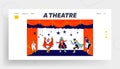 Kids Theatre Performance Website Landing Page. Children Actors in Super Hero Costumes Perform Fairy-Tale on Stage