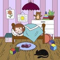 Kids on the theme of childhood room coloring. Line room, sleeping girl, lots of toys
