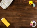 Kids' things on wooden background Royalty Free Stock Photo