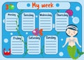 Kids timetable with cute mermaid character. Weekly planner for children girls. School schedule design template