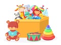 Kids toy box. Cartoon robot, doll, ball, teddy bear, giraffe, boat and panda in cardboard container for playroom