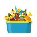 Kids toy box full of toys. Cubes, whirligig, duck, ball rattle, pyramid, pipe, bear, ball, rocket, tambourine, boat. Modern flat Royalty Free Stock Photo