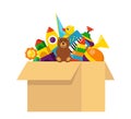 Kids toy box full of toys. Cubes, whirligig, duck, ball rattle, pyramid, pipe, bear, ball, rocket, tambourine, boat. Modern flat Royalty Free Stock Photo