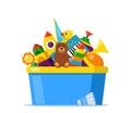 Kids toy box full of toys. Cubes, whirligig, duck, ball rattle, pyramid, pipe, bear, ball, rocket, tambourine, boat. Modern flat Royalty Free Stock Photo