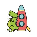 Kids toy, plastic rocket and green dinosaur toys