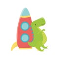 Kids toy, plastic rocket and green dinosaur toys