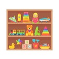 Baby toys on shelf. Vector illustration in flat design. Cartoon set Royalty Free Stock Photo