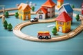 Kids toy train, houses, numbers blocks, car and toy wooden railway on blue background. Royalty Free Stock Photo