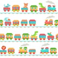 Kids toy train pattern. Children railroad toys, baby trains transport on rails and kid railway seamless vector Royalty Free Stock Photo