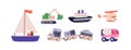 Kids toy transport set. Cute nursery train, ship, sail boat, excavator, truck and helicopter for play and fun. Childish Royalty Free Stock Photo