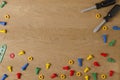 Kids Toys Background Frame Boarder with colorful toy tools on wooden table. Top view. Flat lay. Copy space for text. Royalty Free Stock Photo