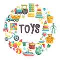 Kids toys banner with colorful icons set in circle