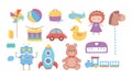 Kids toys bear doll horse car train drum robot rocket ball plane icons cartoon Royalty Free Stock Photo
