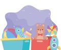 Kids toys box and bucket with bear ball pinwheel plane rocket object amusing cartoon Royalty Free Stock Photo