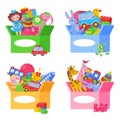 Kids toys box. Childish humanitarian aid in containers. Charity donations for toddlers. Colorful dolls and cars. Plush
