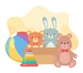 Kids toys box with cute bears rabbit ball and pyramid object amusing cartoon Royalty Free Stock Photo