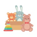 Kids toys box with cute bears rabbit and pyramid object amusing cartoon Royalty Free Stock Photo