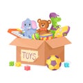 Kids toys box. Donations child toy kindergarten, kid gift playing car doll stuff animals, cardboard charity kindness Royalty Free Stock Photo