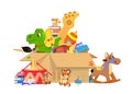 Kids toys box. Toy donates, giant cardboard packing with plastic car, books and doll. Children donation, charity or