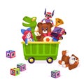 Kids toys box. Toy kid child play game bear pyramid ball train yacht horse doll duck boat plane car rabbit Royalty Free Stock Photo