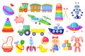 Kids toys. Cartoon rocket, ship, train, cute girl doll, duck, plush bunny, alphabet cubes. Colorful plastic toy for Royalty Free Stock Photo