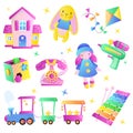 Kids toys cartoon style illustration. Multicolor cute toys for baby boy and girl. Gift shop design elements