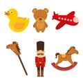 Kids toys collection soldier teddy airplane duck rockinghorse Royalty Free Stock Photo