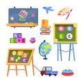 Kids toys and desks vector isolated on white background