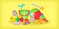 Kids toys horizontal banner, cartoon style