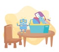 Kids toys object amusing cartoon table chair with robot plane piano and ball