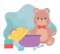 Kids toys object amusing cartoon teddy bear blocks and lunch box