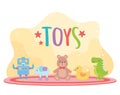 Kids toys object amusing cartoon teddy bear duck dinosaur robot elephant on carpet