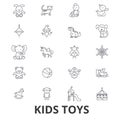 Kids toys, playing, baby toy, children toy, kids room, teddy bear, yule, pirate line icons. Editable strokes. Flat