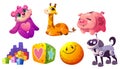 Kids toys, plush animals, ball, blocks, piggy bank Royalty Free Stock Photo