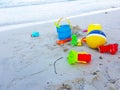 Kids toys on the sand beach , family vacations Royalty Free Stock Photo