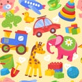 Kids toys seamless pattern. Baby playing elements. Colorful dolls. Plush animals. Balls and cars. Train and plane Royalty Free Stock Photo