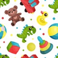 Kids toys seamless pattern. Children store, shop repeating print for wallpaper, wrapping paper, textile, package design Royalty Free Stock Photo