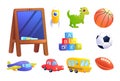 Kids Toys set. A car, bus, airplane, dinosaur, cubes with alphabet letters, sports ball for children game.