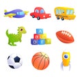Kids Toys set. A car, bus, airplane, dinosaur, cubes with alphabet letters, sports ball for children game.