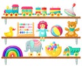 Kids toys on shelves. Baby toys on wooden shelf, ball, plush bear and doll, elements for child games and joy isolated
