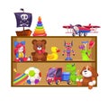 Kids toys shelves. Toy kid shop wood shelf doll bear baby game plane colorful pyramid piano rattle car rabbit duck flat Royalty Free Stock Photo