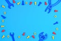 Kids Toys Top View. Colorful Toy Tools on Blue Background Royalty Free Stock Photo