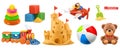 Kids toys. Train, plane, castle, ball, cubes, bear. 3d vector icon set Royalty Free Stock Photo