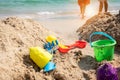 Kids toys on tropical sand beach Royalty Free Stock Photo