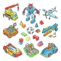 Kids toys vector cartoon boyish games in playroom and playing with car or children blocks illustration isometric set of