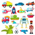 Kids toys vector cartoon games helicopter or ship submarine for children and playing with boys car or train illustration Royalty Free Stock Photo