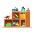 Kids toys on wood rack Royalty Free Stock Photo