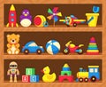 Kids toys on wood shop shelves Royalty Free Stock Photo