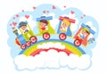 Kids train. Boys and girls ride in colored trailers on rainbow. Children attraction. Funny transport. Clouds and hearts